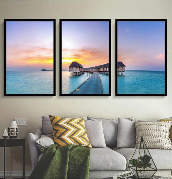 Kit 3 Quadros Praia Deck Maldivas Decoração Conjunto Moldura
