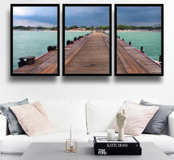 Kit 3 Quadros Praia Deck Maldivas Decoração Mar Com Moldura