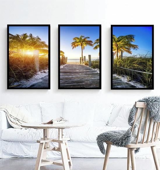 Kit 3 Quadros Praia Deck Paisagem Palmeira Decoração Moldura