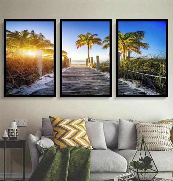 Kit 3 Quadros Praia Deck Paisagem Palmeira Decoração Moldura