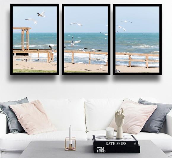 Kit 3 Quadros Praia Deck Pássaros Decoração Conjunto Moldura