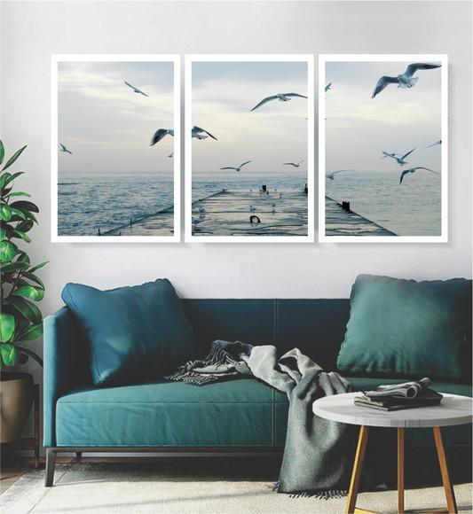 Kit 3 Quadros Praia Deck Pássaros Decoração Paisagem Moldura