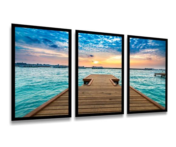 Kit 3 Quadros Praia Deck Pôr Do Sol Decoração Praia Moldura