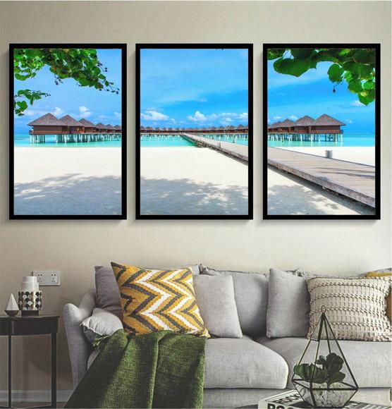 Kit 3 Quadros Praia Deck Resort Paisagem Decoração Moldura