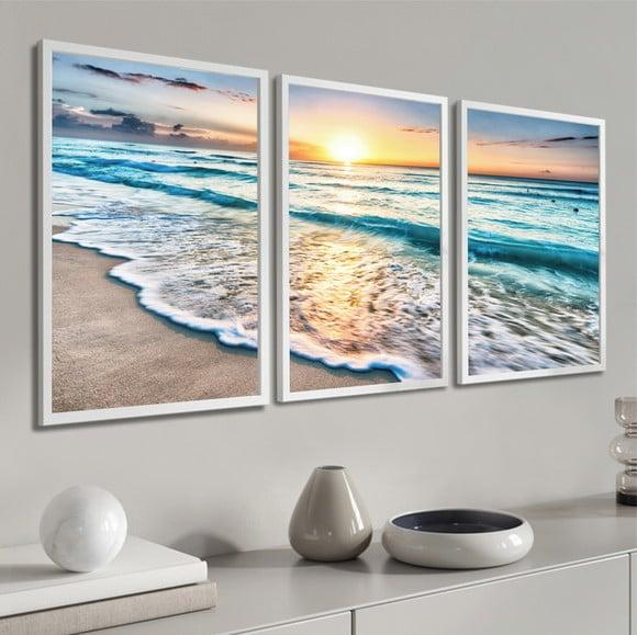 Kit 3 Quadros Praia e Mar Sol Decoração Paisagem com Moldura
