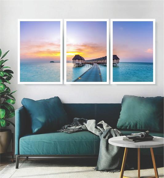 Kit 3 Quadros Praia Maldivas Deck Decoração Conjunto Moldura
