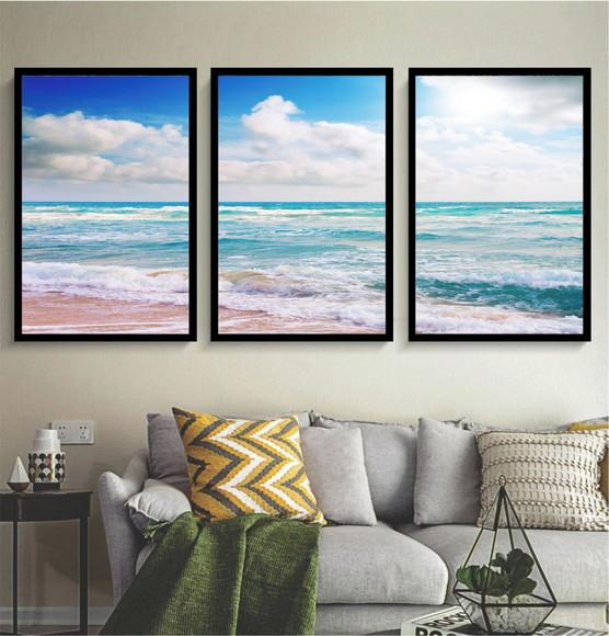 Kit 3 Quadros Praia Mar Azul Paisagem Decoração Com Molduras