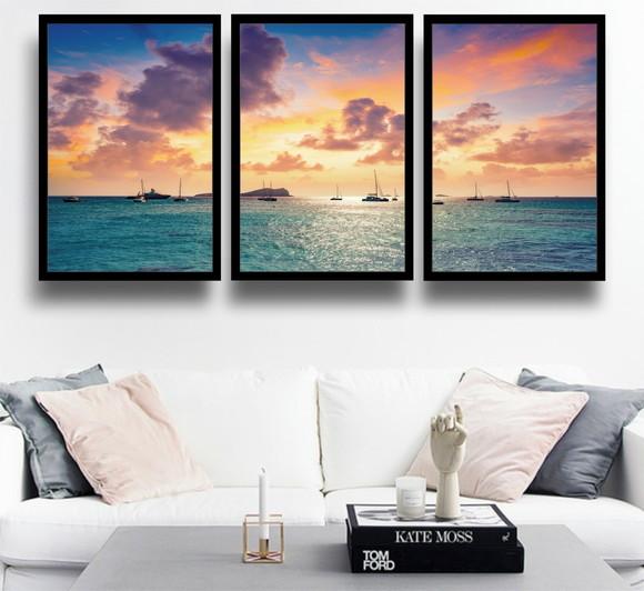 Kit 3 Quadros Praia Mar Barcos Ibiza Decoração Com Molduras