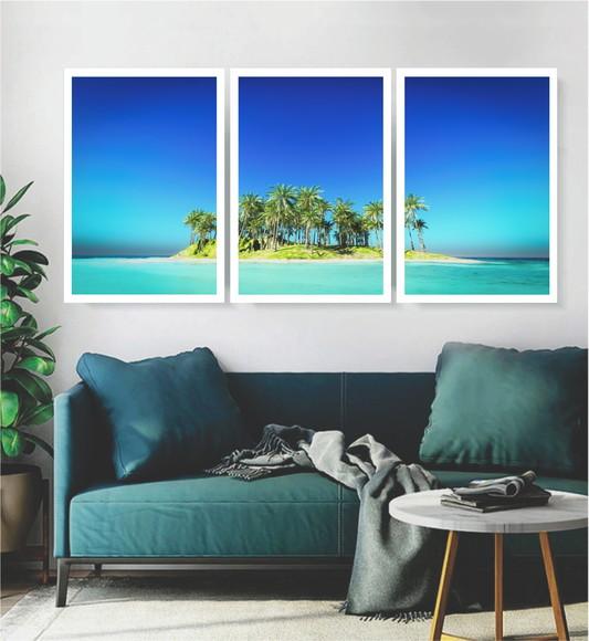 Kit 3 Quadros Praia Mar Céu Azul Decoração Ilha Com Moldura