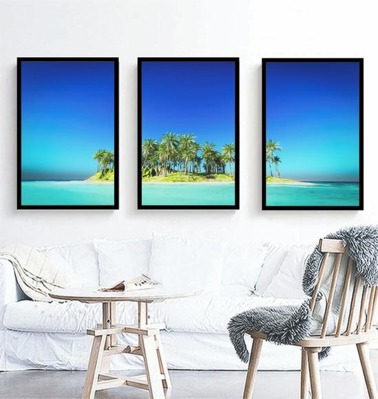 Kit 3 Quadros Praia Mar Céu Azul Decoração Ilhas Com Moldura