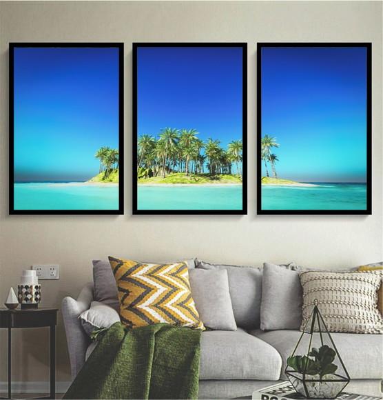 Kit 3 Quadros Praia Mar Céu Azul Decoração Ilhas Com Moldura