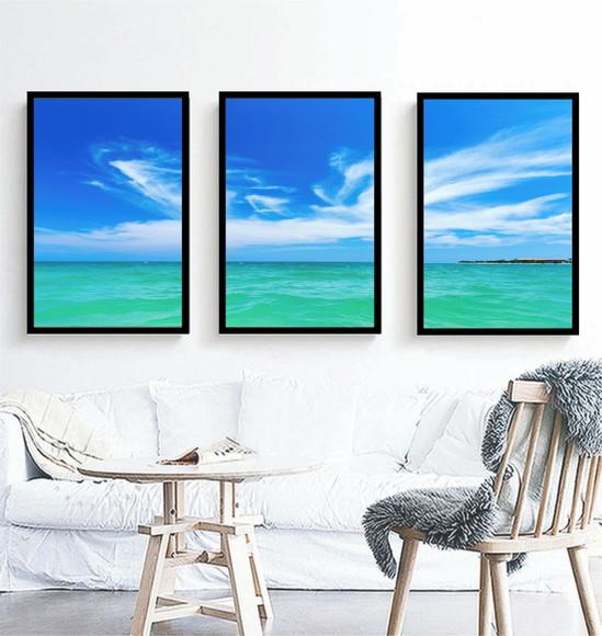 Kit 3 Quadros Praia Mar Céu Azul Decoração Paisagem Moldura