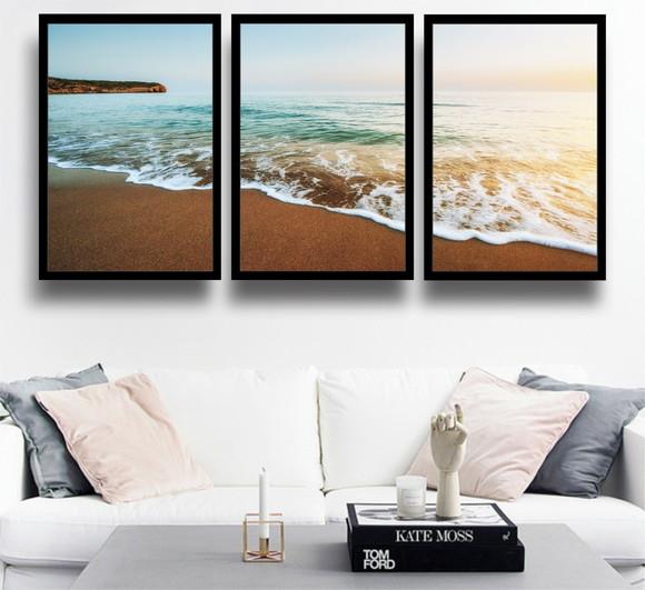 Kit 3 Quadros Praia Mar Litoral Oceano Onda Paisagem Moldura