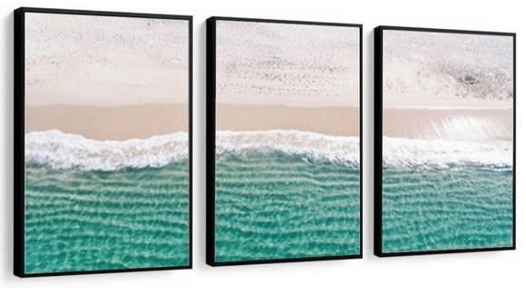 Kit 3 Quadros Praia Mar Onda Decoração Paisagem Com Molduras