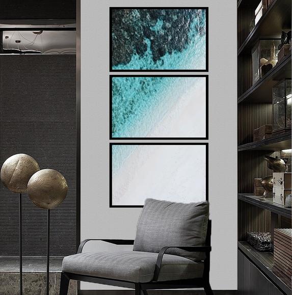 Kit 3 Quadros Praia Mar Onda Paisagem Decoração Com Moldura