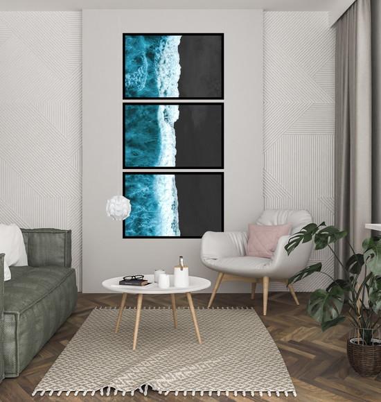 Kit 3 Quadros Praia Mar Onda Paisagem Decoração Com Moldura