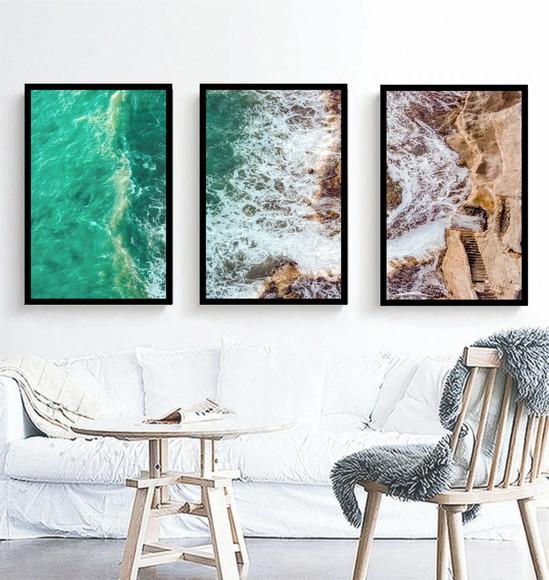 Kit 3 Quadros Praia Mar Ondas Decoração Paisagem Com Moldura