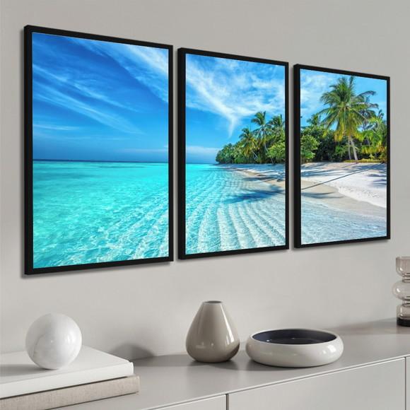 Kit 3 Quadros Praia Mar Paisagem Decoração com Moldura Vidro