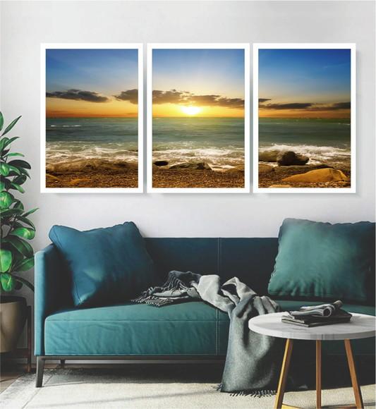 Kit 3 Quadros Praia Mar Paisagem Sol Ondas Decoração Moldura