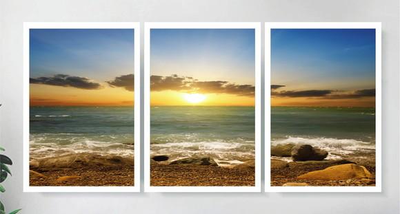 Kit 3 Quadros Praia Mar Paisagem Sol Ondas Decoração Moldura