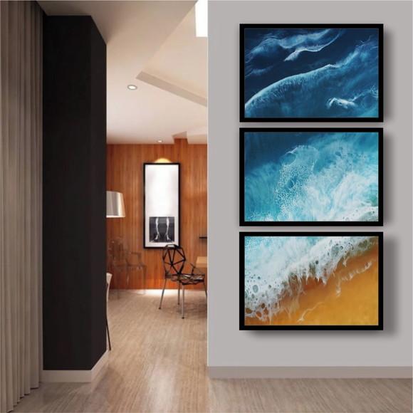 Kit 3 Quadros Praia Onda Decoração Vertical Conjunto Moldura