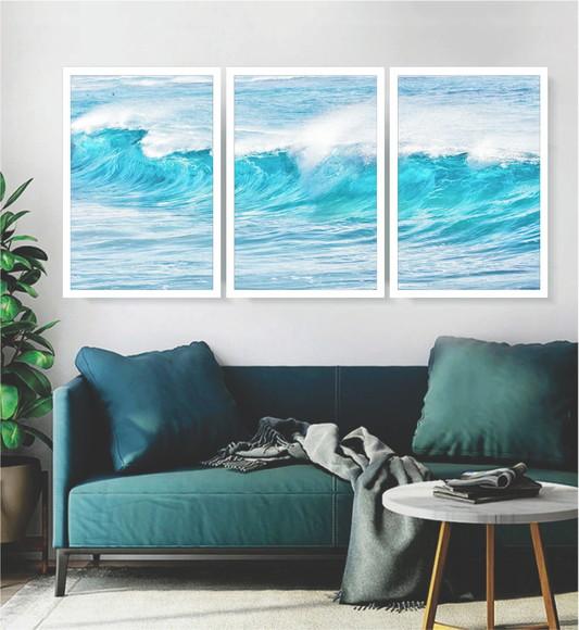 Kit 3 Quadros Praia Onda Mar Decoração Conjunto Com Moldura