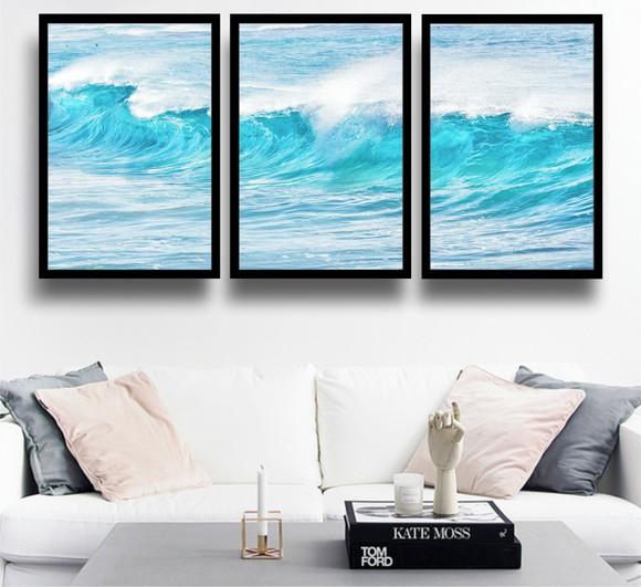 Kit 3 Quadros Praia Onda Mar Decoração Conjunto Com Moldura