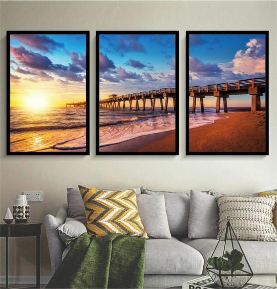 Kit 3 Quadros Praia Paisagem Deck Decoração Conjunto Moldura
