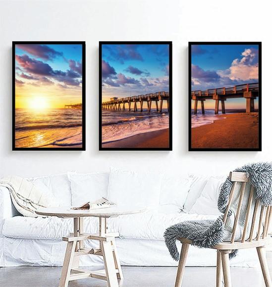 Kit 3 Quadros Praia Paisagem Deck Decoração Conjunto Moldura