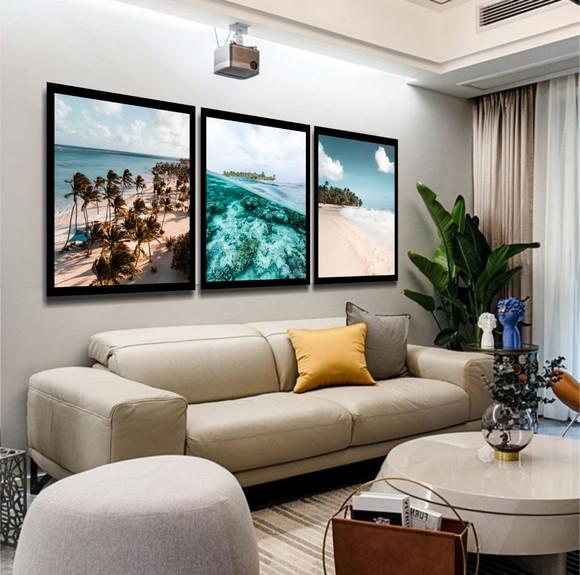Kit 3 Quadros Praia Paisagem Decoração Conjunto Com Moldura