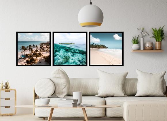 Kit 3 Quadros Praia Paisagem Decoração Conjunto Com Moldura