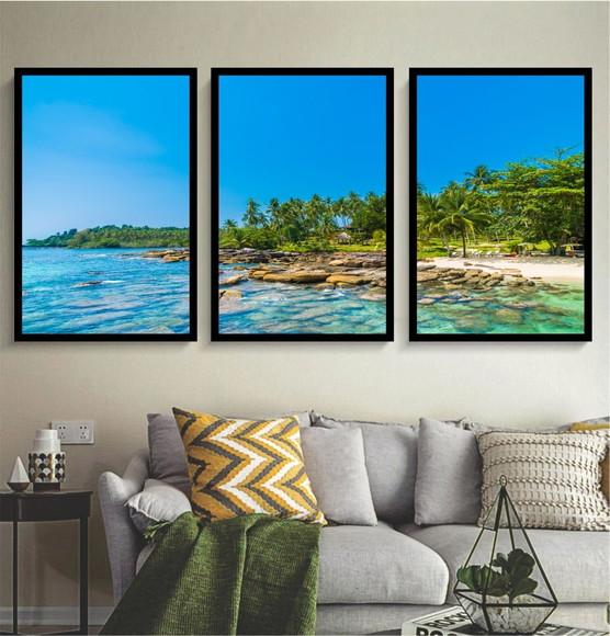 Kit 3 Quadros Praia Paisagem Decoração Mar Conjunto Molduras