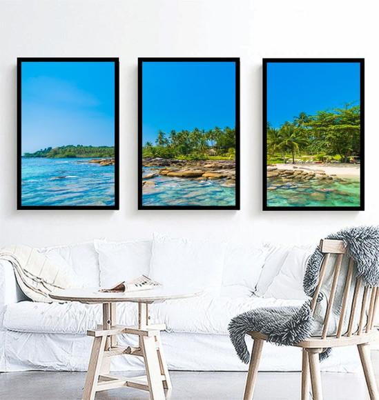 Kit 3 Quadros Praia Paisagem Decoração Mar Conjunto Molduras