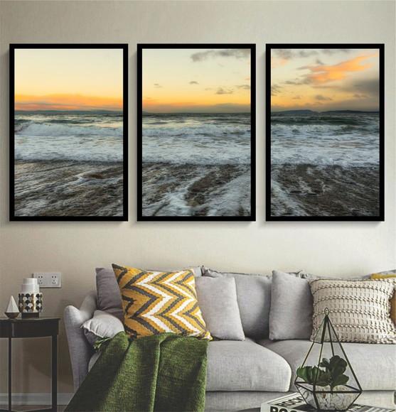 Kit 3 Quadros Praia Paisagem Decoração Sol e Mar Com Moldura