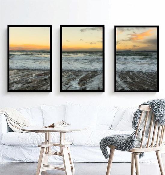 Kit 3 Quadros Praia Paisagem Decoração Sol e Mar Com Moldura