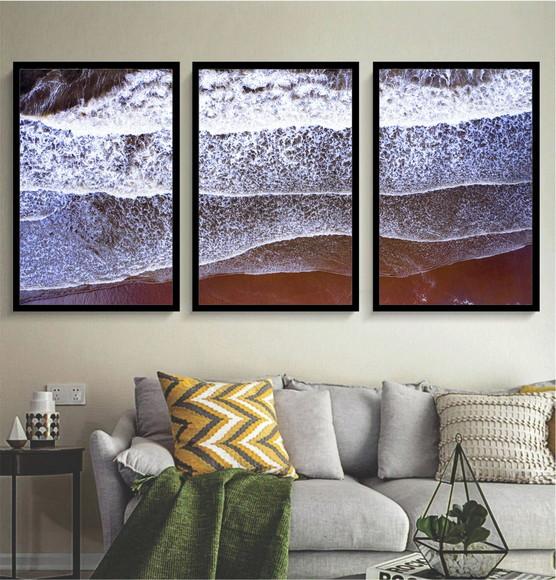 Kit 3 Quadros Praia Paisagem Mar Decoração Conjunto Moldura