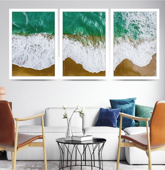 Kit 3 Quadros Praia Paisagem Mar Decoração Conjunto Molduras