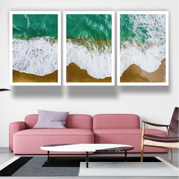 Kit 3 Quadros Praia Paisagem Mar Decoração Conjunto Molduras