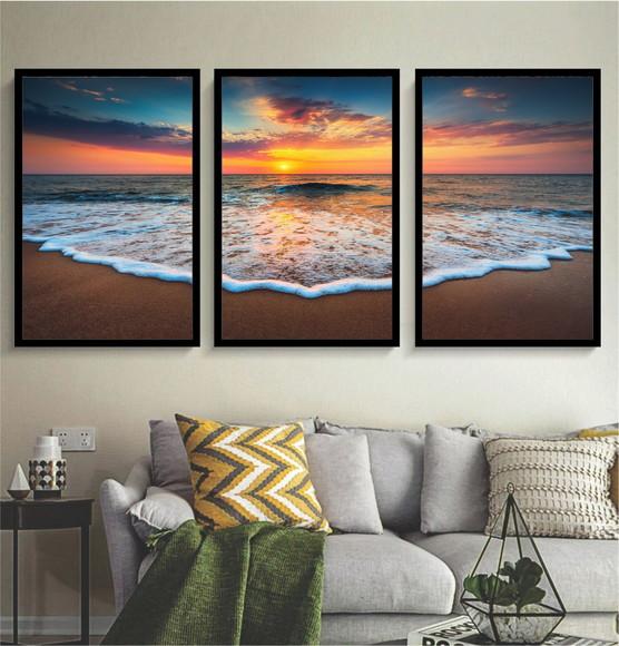 Kit 3 Quadros Praia Paisagem Pôr Do Sol Decoração Molduras