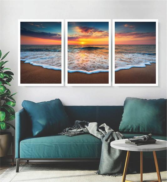 Kit 3 Quadros Praia Paisagens Pôr Do Sol Decoração Molduras