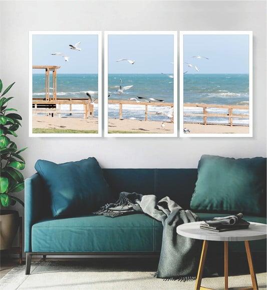 Kit 3 Quadros Praia Pássaros Deck Decoração Conjunto Moldura
