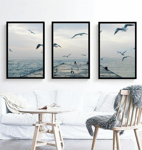 Kit 3 Quadros Praia Pássaros Deck Decoração Paisagem Moldura