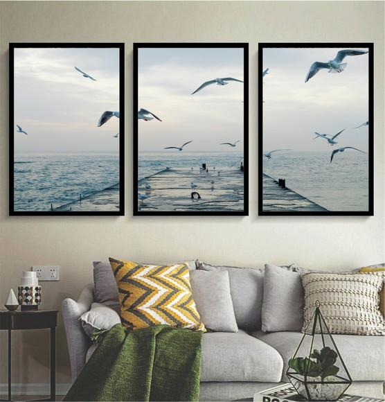 Kit 3 Quadros Praia Pássaros Deck Decoração Paisagem Moldura