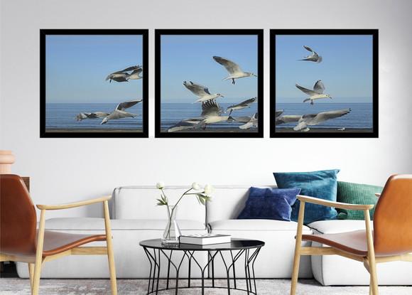 Kit 3 Quadros Praia Pássaros Mar Decoração Conjunto Molduras