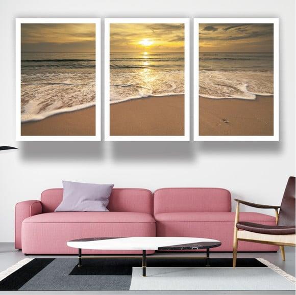 Kit 3 Quadros Praia Pôr Do Sol Decoração Mar Com Molduras