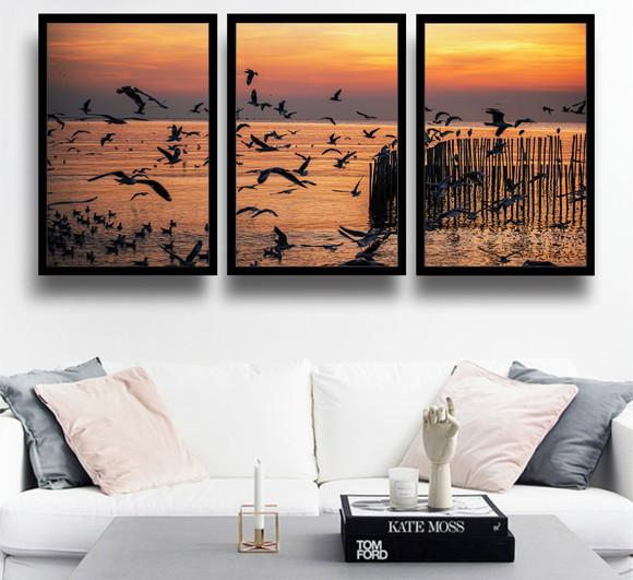 Kit 3 Quadros Praia Pássaros Pôr Do Sol Decoração Moldura