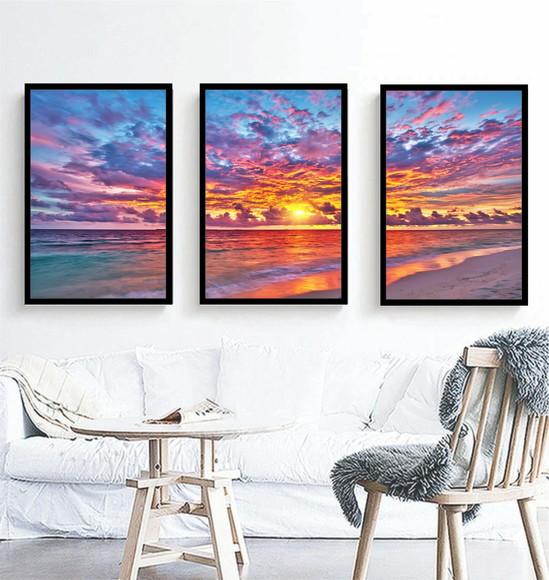 Kit 3 Quadros Praia Pôr Do Sol Decoração Paisagem Molduras