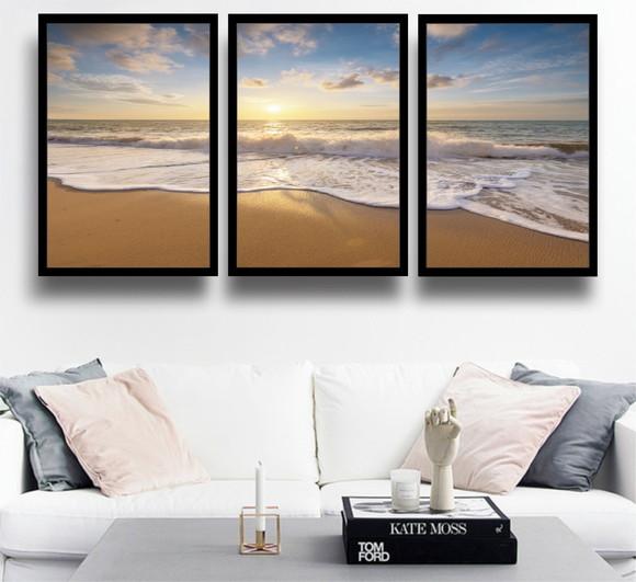 Kit 3 Quadros Praia Pôr Do Sol Litoral Decoração Com Moldura