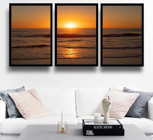 Kit 3 Quadros Praia Pôr Do Sol Litoral Mar Onda Com Moldura