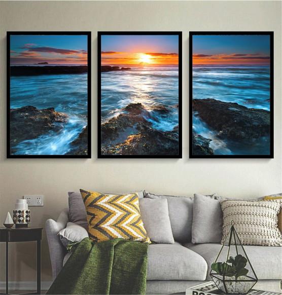 Kit 3 Quadros Praia Pôr Do Sol Mar Azul Decoração Moldura